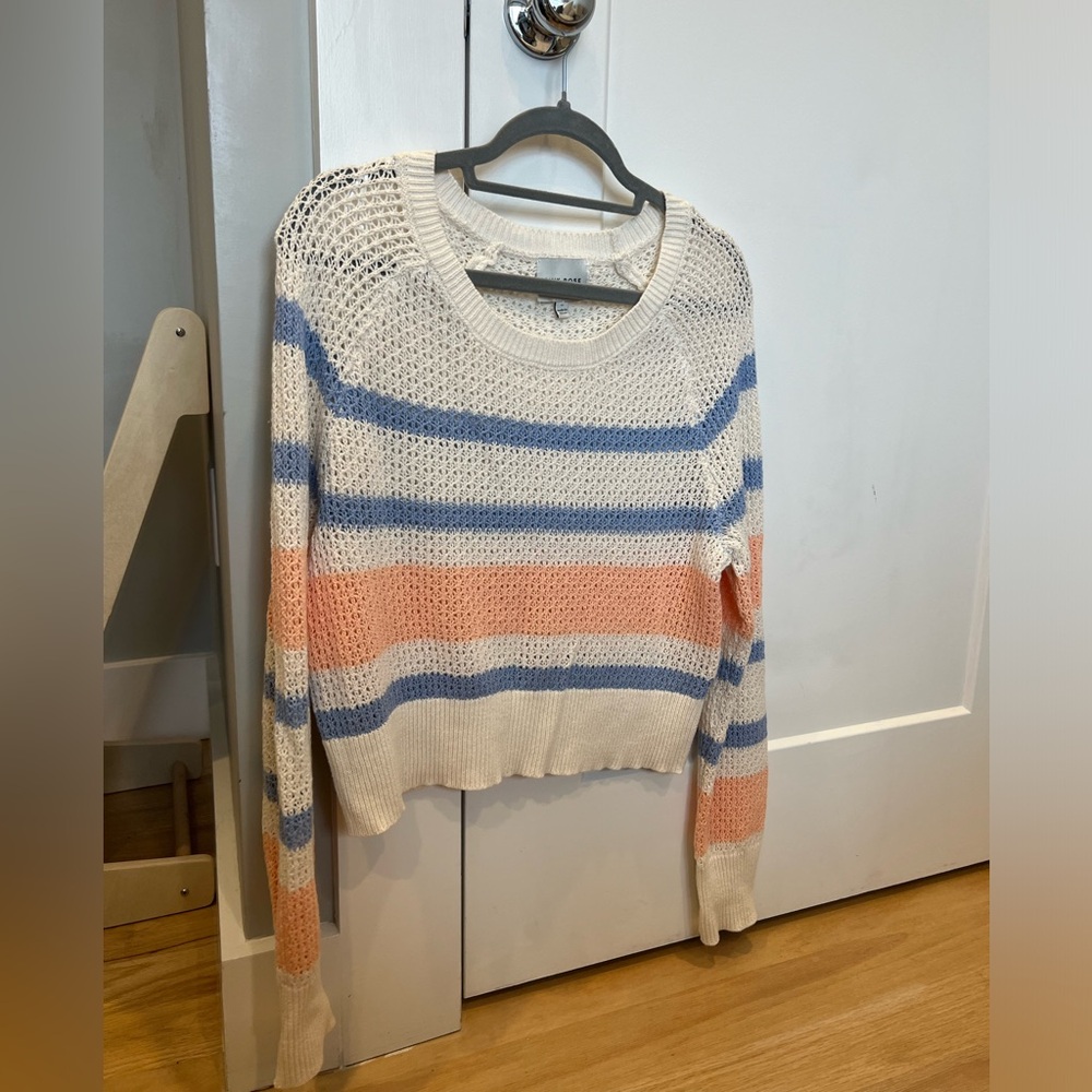Thin White Sweater with Blue and Peach Stripes